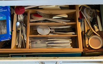 Assorted Kitchen Items, Plastic Spoons, Kitchen Towels, Silverware, Junk Drawer Items