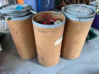 R0 Three  Cylindrical Storage Containers. Christmas Decorations Stored Inside. 30in X 15in.