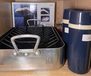 R5 Miscellaneous Lot To Include Waffle Baker, Pan With Rack, Two Thermo Bottles And Others