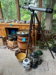 Traq Model 535 Telescope And Tripod, Two Colman Camp Lamps, Pottery Vase, RL Towne  Grocer Workshop 1 Gal Jug,