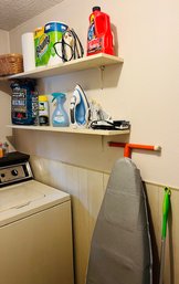 R4 Laundry Room Lot Ironing Board, Irons, Paper Towels, Jars, Wicker Basket, Swiffer