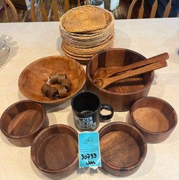 R3 The Cellar Wood Salad Bowl With Serving Bowls, Love You More Much, Wicker Plate Holders, Wood Napkin Rings