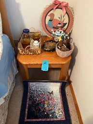 Rm6 2 End Table With Decorative Items Teapot Clock  Candle Holders Wall Small Quilt Hanging, Quilted Duck Hang