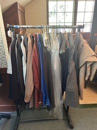 R1 Lot Of Nice Mens Jackets, Button Ups, Dress Pants, Lot Of Clothes Hangers, Clothes Rack With Wheels