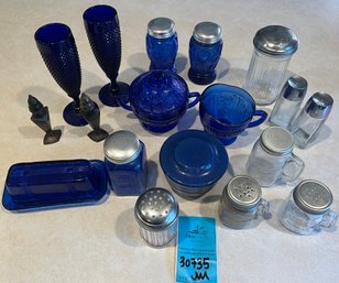 R3 Blue Glass Stemware, Sugar And Salt Dispensers, Cream And Sugar Bowl, Butter Dish & Butter Crock