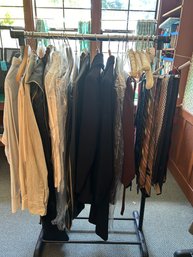 R1 Lot Of Mens Jackets, Ties, Clothes Hangers, Clothes Bags, And Clothes Rack With Wheels