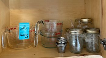 R0 Three Pyrex Measuring Cups, Glass Mason Jars With Lids, Metal Sauce Cups