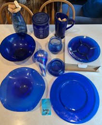 R3 Blue Glass Cookie Jar, Vases, Measuring Pitcher, Bowls And Platter, And Hanging Glass Decoration