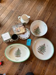 Spode Christmas Tree Round Salad Bowl, Round 12in Shallow Serving Platter,  Oval Serving Bowl 12in, Sauce Jug