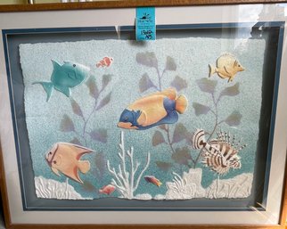 Framed And Signed Marino Embossed And Airbrushed Aquarium Scene