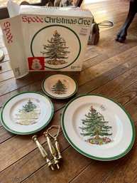 Spode Christmas Tree China Platter 11.5in, Sugar And Creamer, Triple Tier Tray