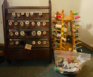 R9 Sewing Lot To Include Two Thread Organizers, Various Threads, And One Tin Of Empty Spools