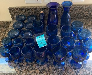 Blue Glass Goblets, Blue Glass Water Glasses, Blue Glass Sherbet Glasses, Blue Glass Vessels