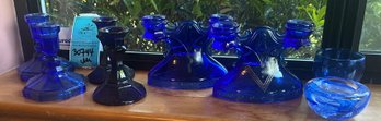 R4 Art Deco Double Candlesticks, And Blue Glass Candlesticks