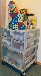 R9 Sewing And Crafting Lot To Include Rolling Organizer Bin, Thread Organizer, Tin Box, Thread, And Supplies