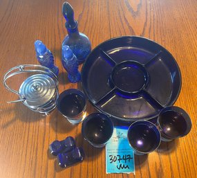 R4 Blue Glass Divided Dish, Napkin Rings, 4 Cobalt Blue Chrome Cocktail Cups Art Deco,