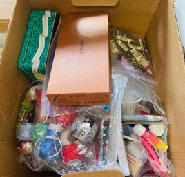 R9 Lot Of Various Sewing And Crafting Supplies To Include A Latch Box With Stamps, And Others