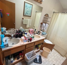 R7 Bathroom Lot To Include Cleaning Supplies, Scale, Trash Bins, Jewelry Cleaner, Bath Mats, Shelf, Shower