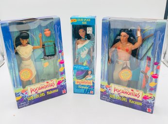 R1 Three New In The Box Disney's Pocahontas Dolls: Pocahontas With Color Splash Hair, Sun Colors Nakoma