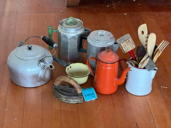 R4 Collection Of  Vintage Percolators, Kettle, Old Iron, Wood Kitchen Itensils
