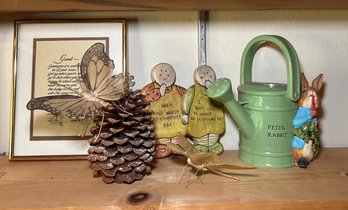 R5 Collection Of Decorative Items Including Small Wooden Pieces, Glass Peter Rabbit Watering Can