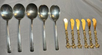 R8 Set Of Three Soup Spoons, Two Other Spoons Marked Chapel Bells Sterling, And A Set Of Small Unmarked Cheese