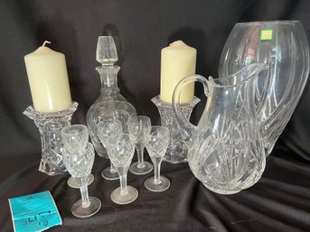 R6 Waterford Vase, Waterford Pillar Candles, Pitcher, Decanter And Cordial Glasses Possible Crystal.