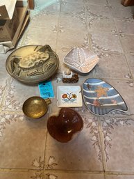 Brass, Glass, Porcelain And Ceramic Ashtrays.  Lidded Crab Stoneware Dish, Small  Decorative Dish,