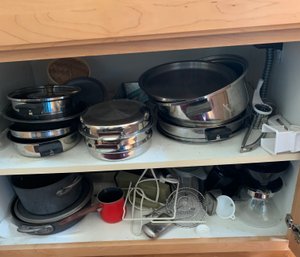 Assorted Pots And Pans, Silverware, Magnalite Pot, Coffee Maker, Utensils, Rolling Pins,