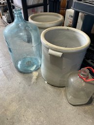 Two 6 Western Stoneware Containers, One Carboy, And One Small Cap Less Jug