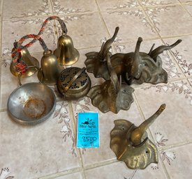 Brass Elephant Wall Hooks, Brass Incense, Small Pewter Bowl , Set Of Three Brass Bells