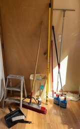 R12 Push Broom, Squeegee On Extender Pole, Lightbulb Changer On A Pole, Dust Pan, Wood Step Ladder, Windex