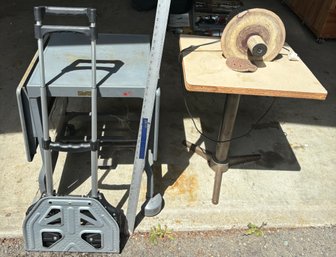 GE Table Grinder, Work Table With Folding Leafs, Small Dolly, And A Metal Yardstick