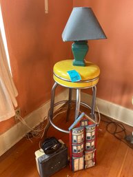 R2 Vintage Barstool.  30in Tall.  Small Heater, Alarm Clock And Small Lamp