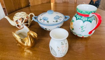Rm1 22K Gold Swan, Teapot, Pitcher, Clay Pot With Blue Decor, And A Simmer Pot