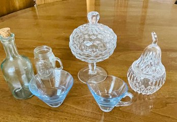 Rm1 Collection Of Glass Items Including Candy Dishes, Blue Hued Glass, A Bottle, And A Mini Mason Jar 4oz