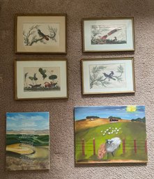 Six Pieces Of Art Work Including Bird , John Denver Song, And Sheep Themes