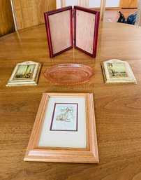 Rm1 Italian Wall Art, A Framed Art Signed And Numbered, Indian Pink Glass Dish, And A Double Picture Frame