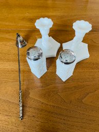 Rm1 Milk Glass Candle Stick Holders, Salt And Pepper Shakers, And A Candle Snuffer