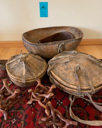 Possible Ethiopian Injera Bread Carrying Basket, Rustic Wood Bowls, Three Wooden Stands