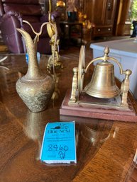 Etched Brass Decanter From India And Desktop Brass Ships Style Bell With Hand Oulley