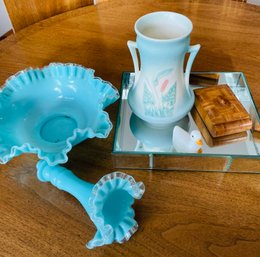 Rm1 Blue Opaque Glass Bowl/Epergne, Mirrored Tray, Vase, Duck Figurine, And Small Wood Box