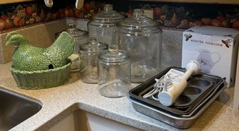 Chicken Roaster, Immersion Blender, Winter Pinecone Pitcher, And Five Glass Canisters , And Baking -ware