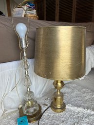 R6 Two Lamps, Brass Lamp With Glass Shade And Fabric Shade, Glass Stem Lamp No Shade. Stored In Attic Space
