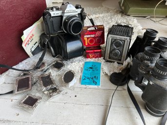 R6 Pentax K1000, Spartus TLR Camera, Binoculars, Large Basket And Photo Album