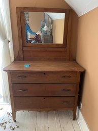 R5 Antique Wooden Dresser With Attached Swivel Mirror  33.5in To Top Surface  64.5in To Top Of Mirror.