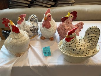 R7 Rooster Cookie Jars - Lids Siliconed Down On Two.  Photos Of Bottoms That Have Marks
