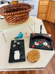 Rm2 Decorative Dust Pan, Bloomin Nails Art Piece, Two Birds, Wood Piece, Basket, And Metal Stand