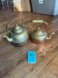 Volund Hamar Norwegian Copper Tea Kettle No 3. And Smaller Copper And Brass Tea Kettle