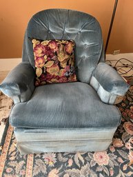 R6 Blue Swivel Rocking Chair. Velvet Material.  Dusty Dirt Along Bottom Skirt